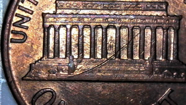 1987-P-Lincoln-Memorial-Cent-Struck-Through-Wire-Brush-Bristle-Not-PSD!